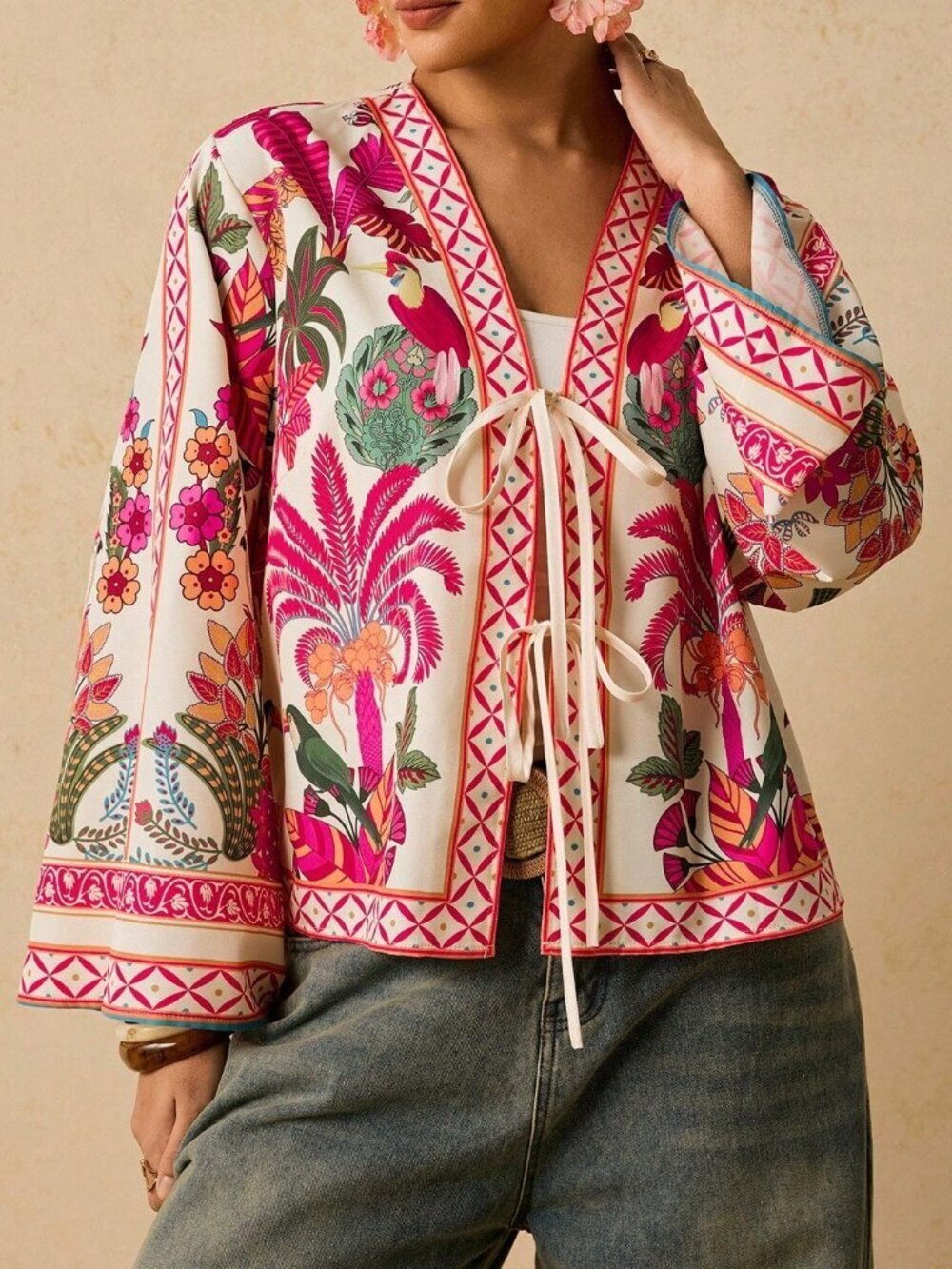 Hot Pink Boho Women's Print Tie Front Casual Plus Size Blouse - Picture 3 of 7